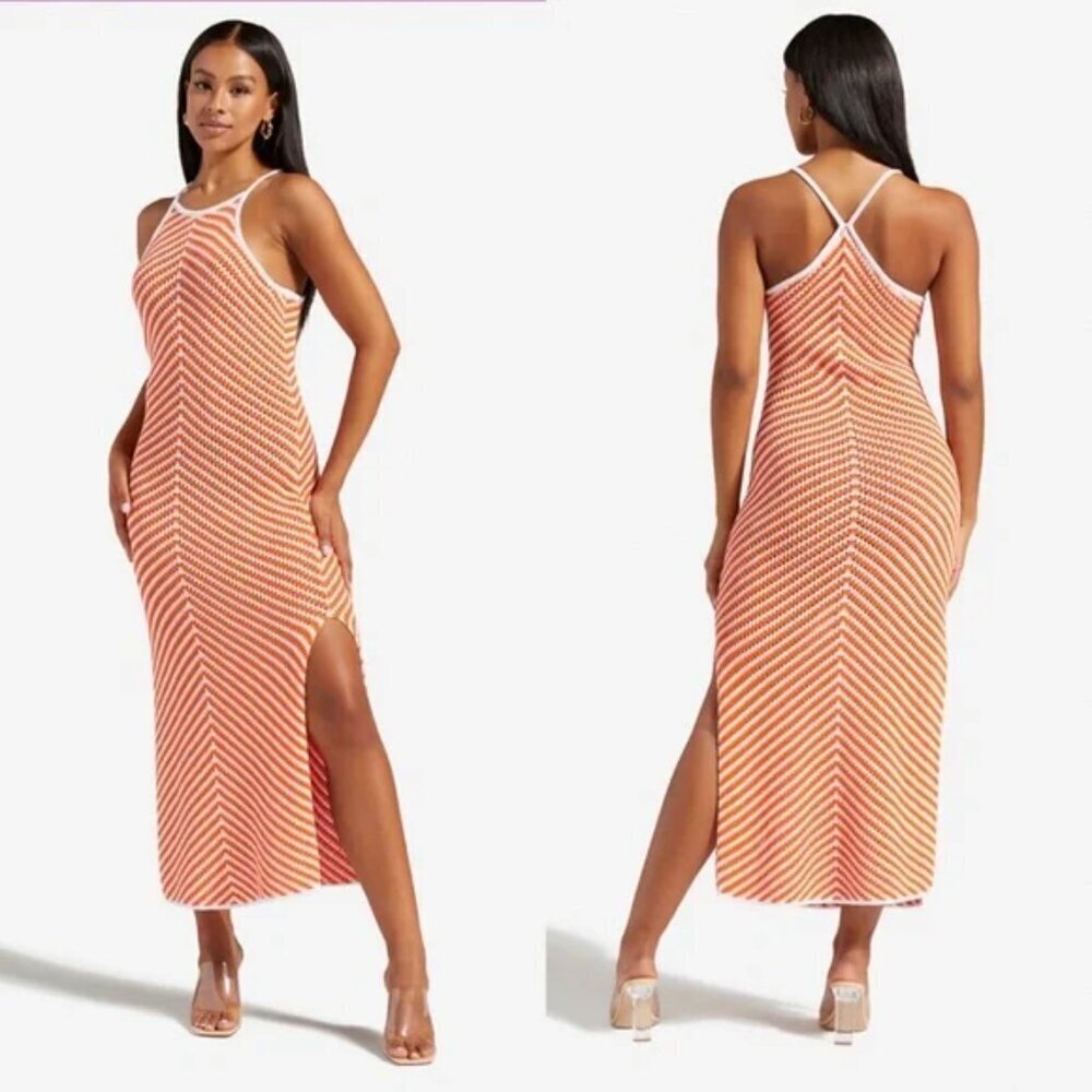 Shoedazzle Chevron Stitch Midi Knit Dress "Exotic/Orange White" Cotton Cover-UP